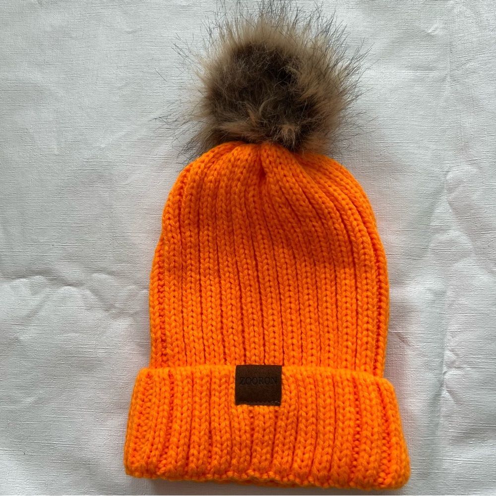 Zooron Orange Knit Women’s Pom-Pom Winter Beanie Hat